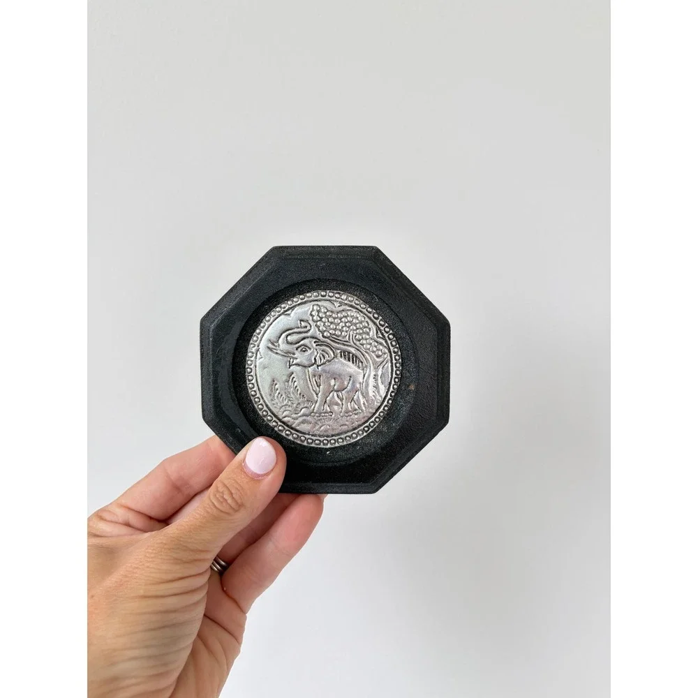 Vintage Thai Elephant Coasters Set of 5 Octagonal Black Silver Tone